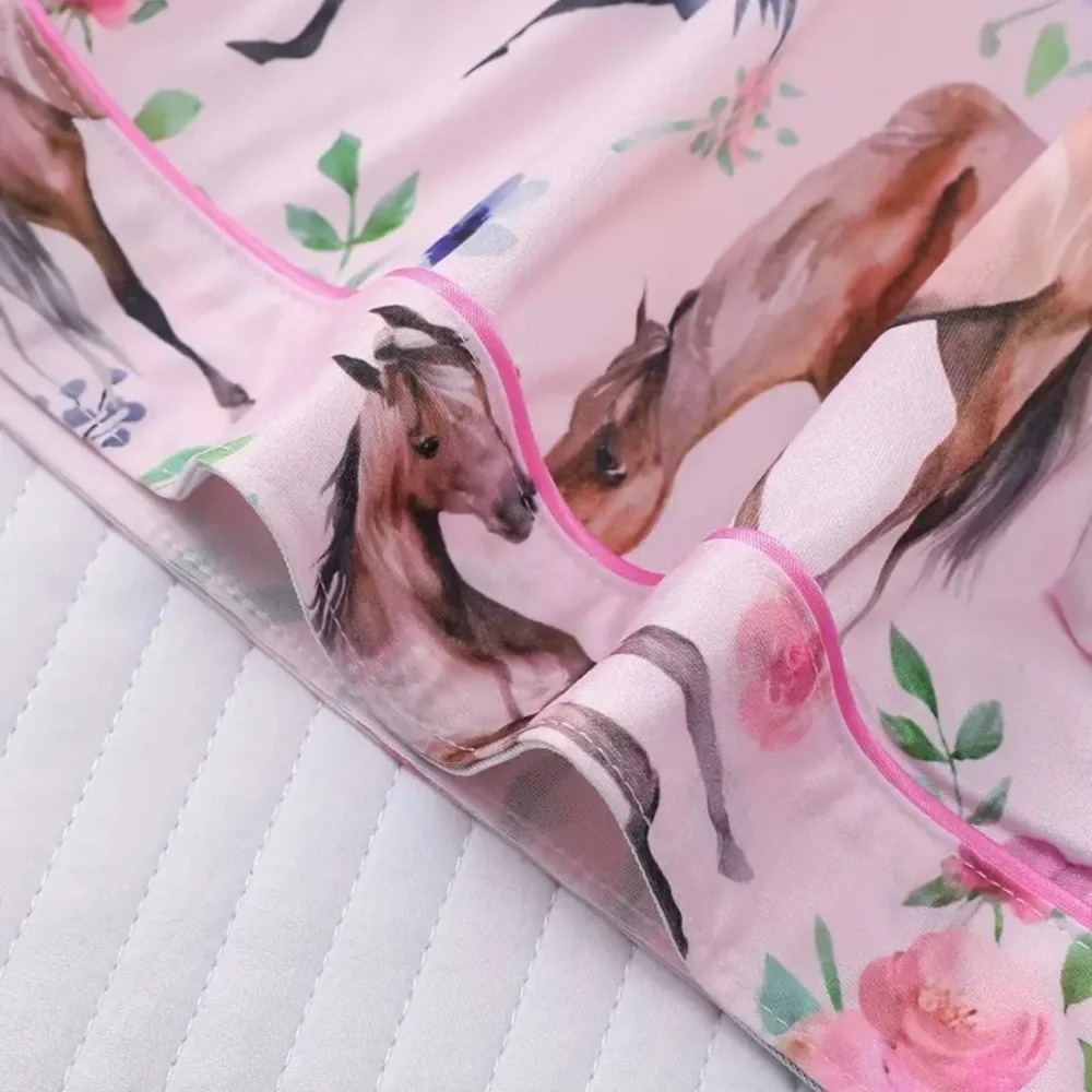 Horse Print Pajamas Set Pink Blue Short Sleeves Short Pants Size L Equestrian